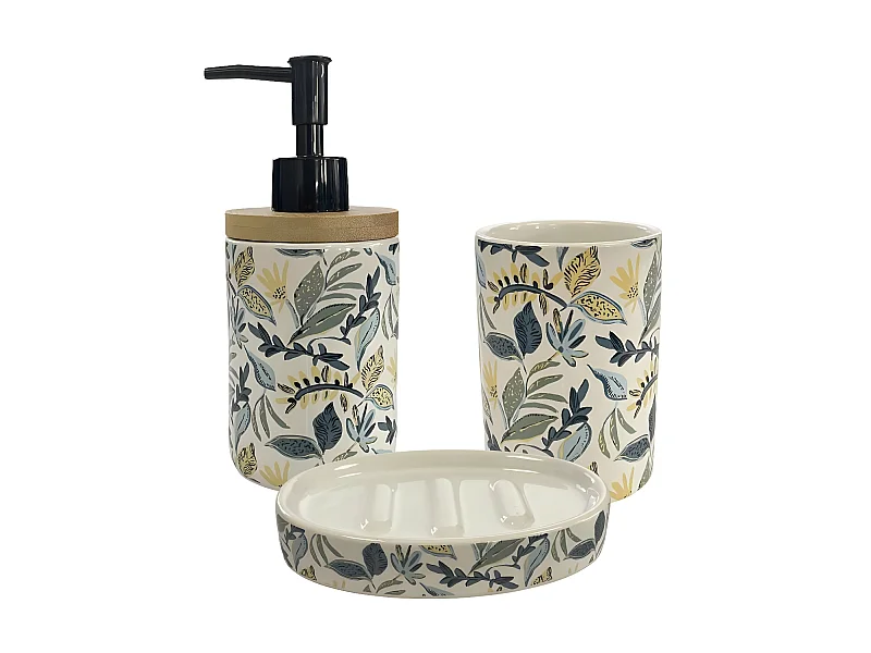 Set salle de bain végétal 3 pièces céramique bleu
