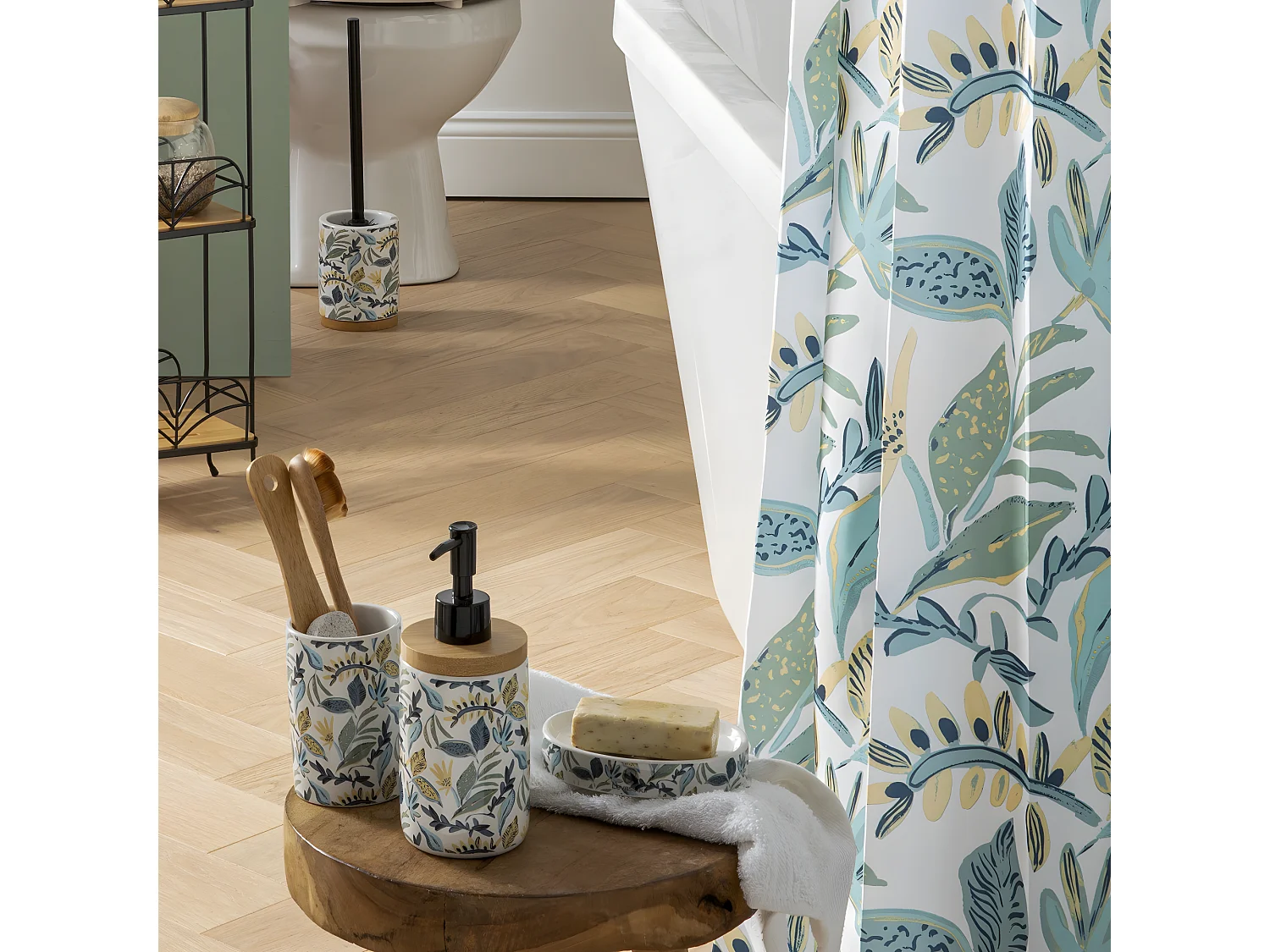 Set salle de bain végétal 3 pièces céramique bleu