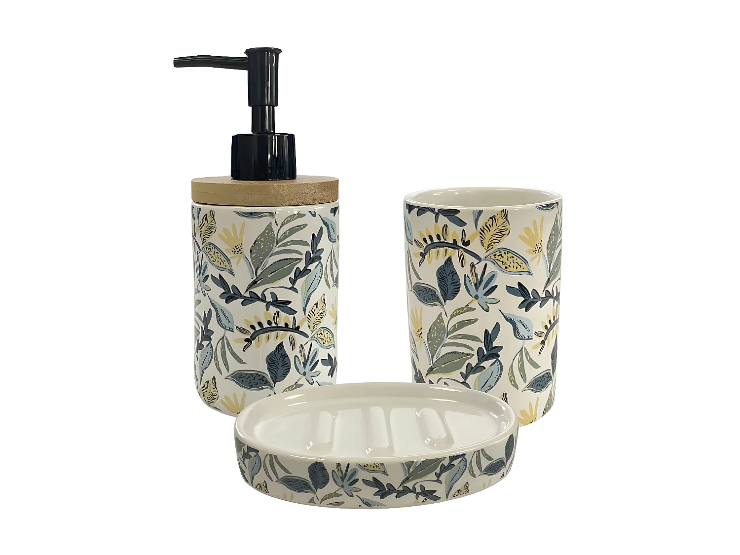 Set salle de bain végétal 3 pièces céramique bleu