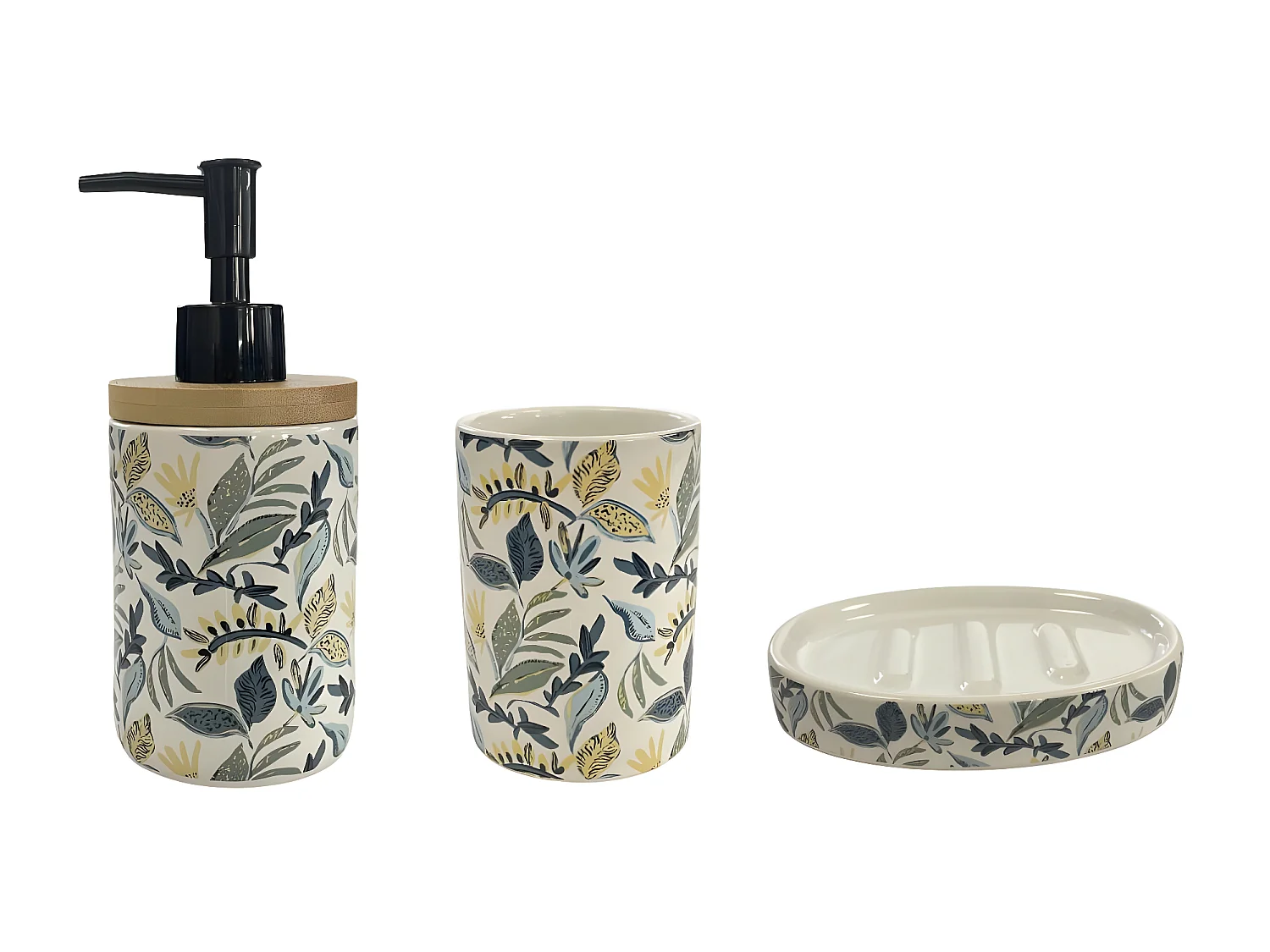 Set salle de bain végétal 3 pièces céramique bleu