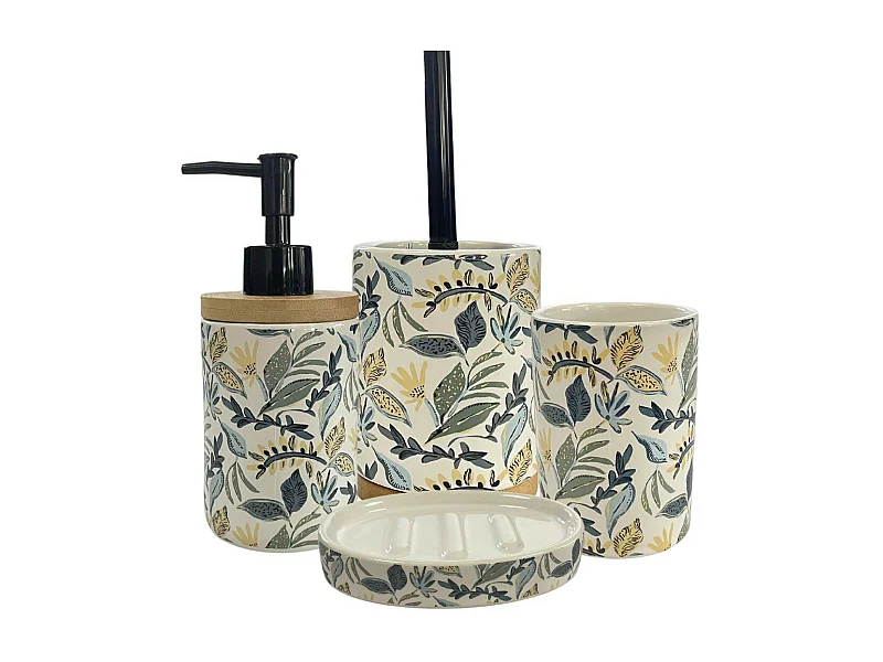 Set salle de bain végétal 4 pièces céramique bleu