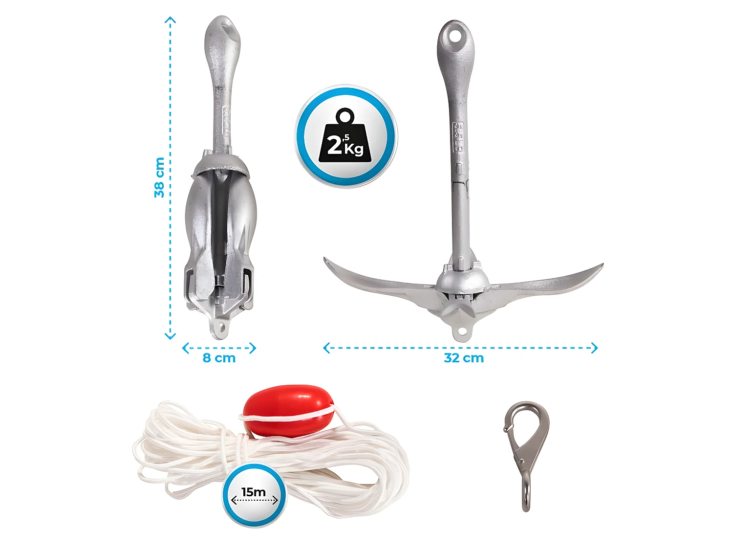 Ancre d'amarrage, grappin 4 pattes, corde 15m pour Stand up paddle, Kayaks et petits bateaux à rames