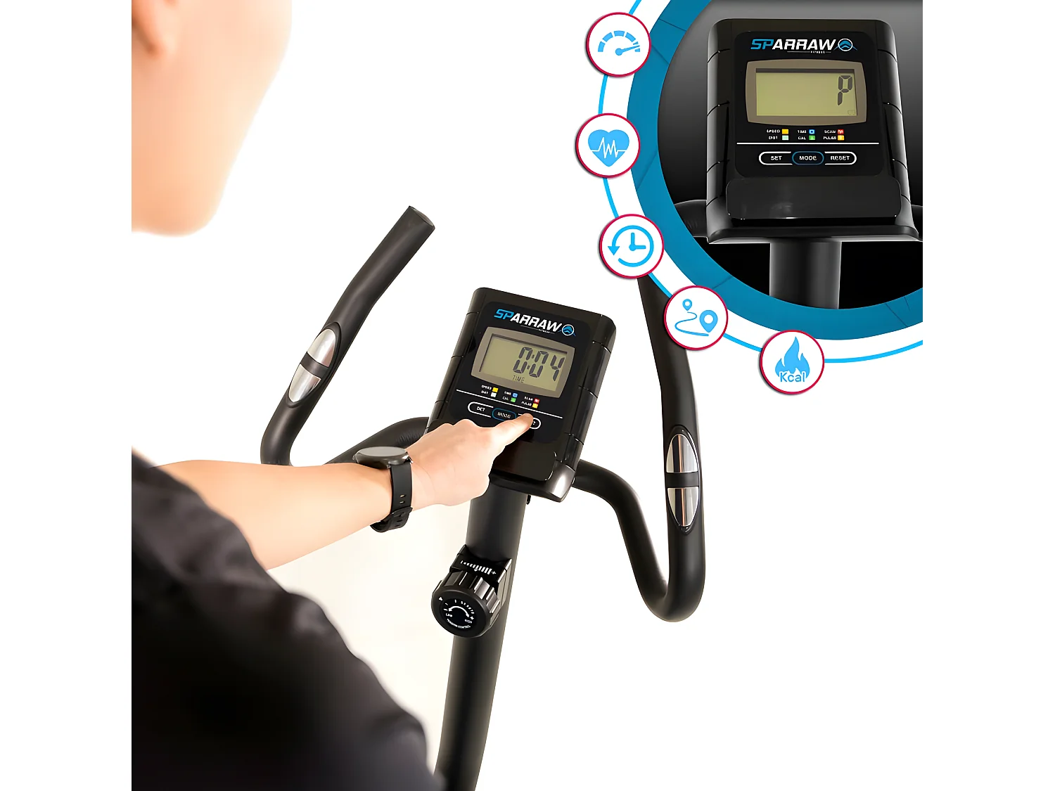 Vélo d'appartement CAMPO Roue d'inertie 3kg - 8 niveaux de résistance, Capteurs Pouls, Ecran d'entraînement, Réglable