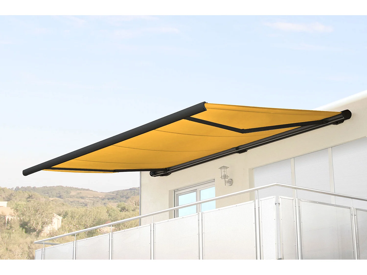 Elektrische Kassettenmarkise H123, Polyester gelb, Rahmen anthrazit
