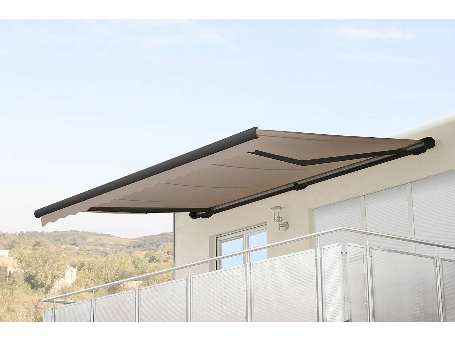 Kassetten-Markise H122 mit Volant, Polyester Sand, anthrazit