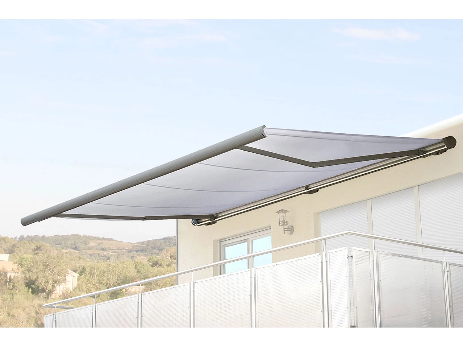 Elektrische Kassettenmarkise H122, Acryl Creme, Rahmen grau