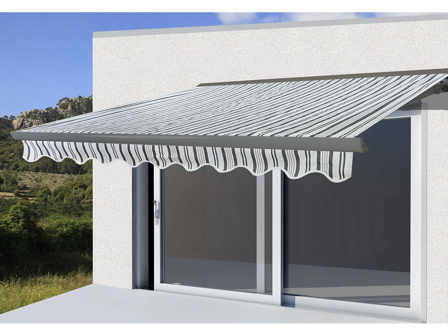 Kassetten-Markise H122 mit Volant, Polyester Grau/Weiß, grau