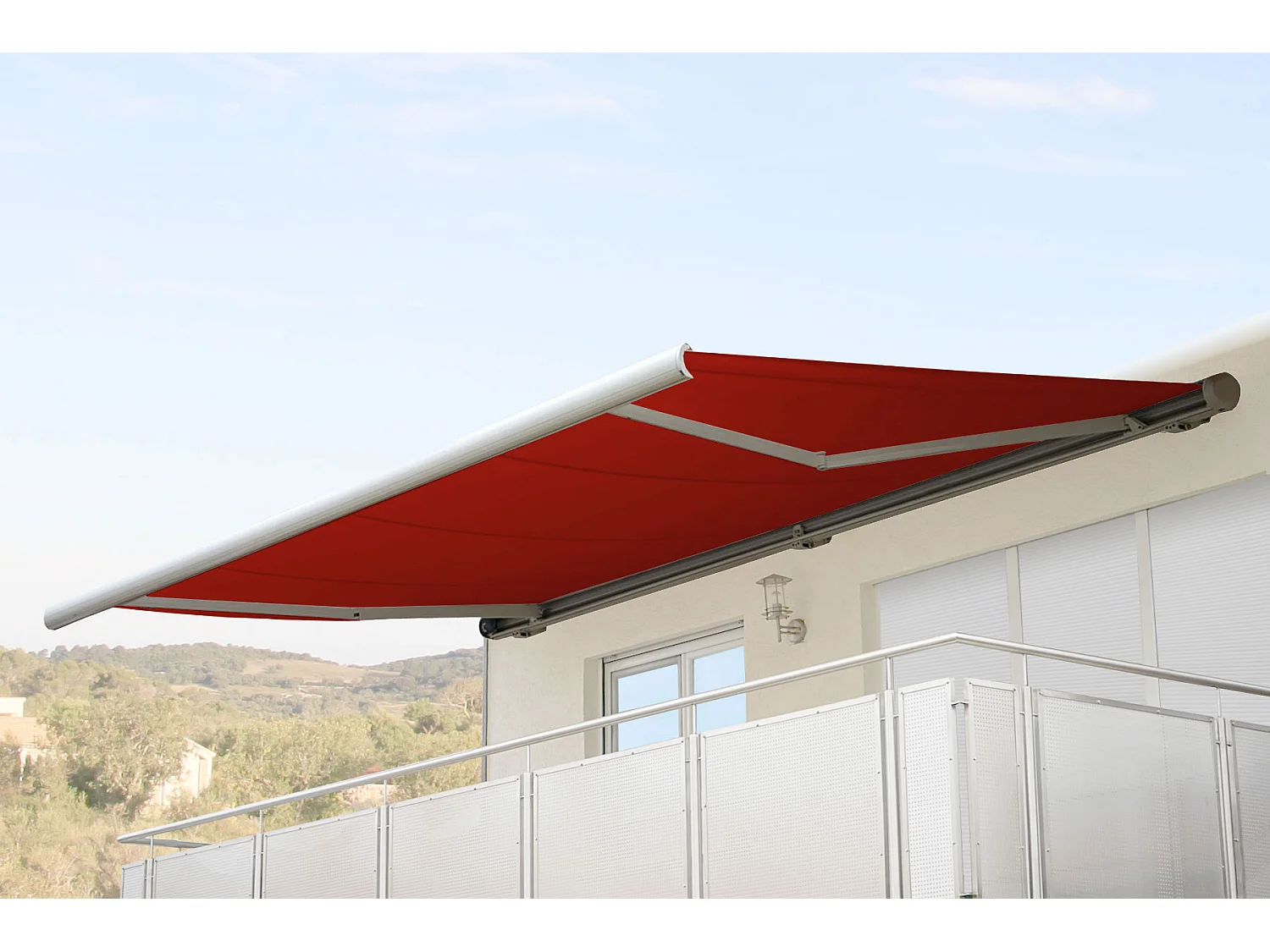 Elektrische Kassettenmarkise H122, Polyester bordeaux-rot