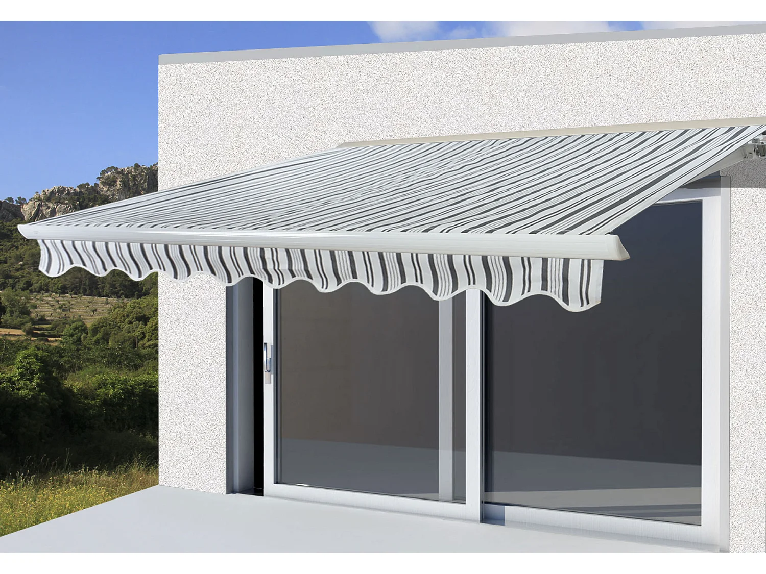 Kassetten-Markise H124 mit Volant, Polyester Grau/Weiß
