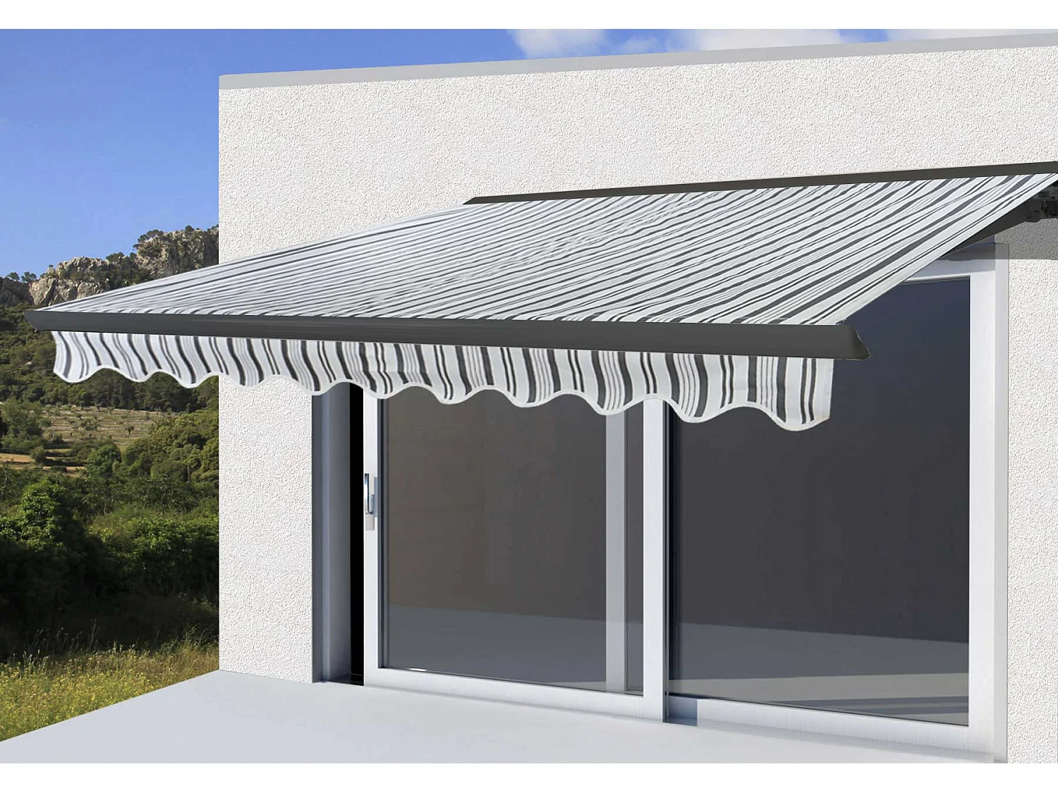 Kassetten-Markise H122 mit Volant, Polyester Grau/Weiß, anthrazit