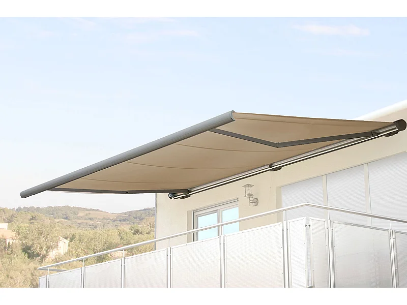 Elektrische Kassettenmarkise H124, Polyester Creme, Rahmen grau