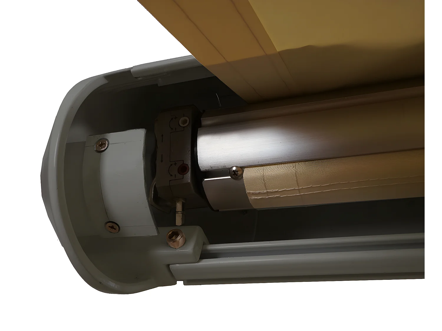 Elektrische Kassettenmarkise H124, Polyester Creme, Rahmen grau