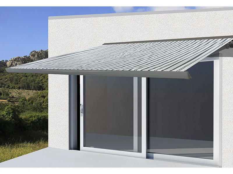 Elektrische Kassettenmarkise H122, Polyester Grau/Weiß, Rahmen grau