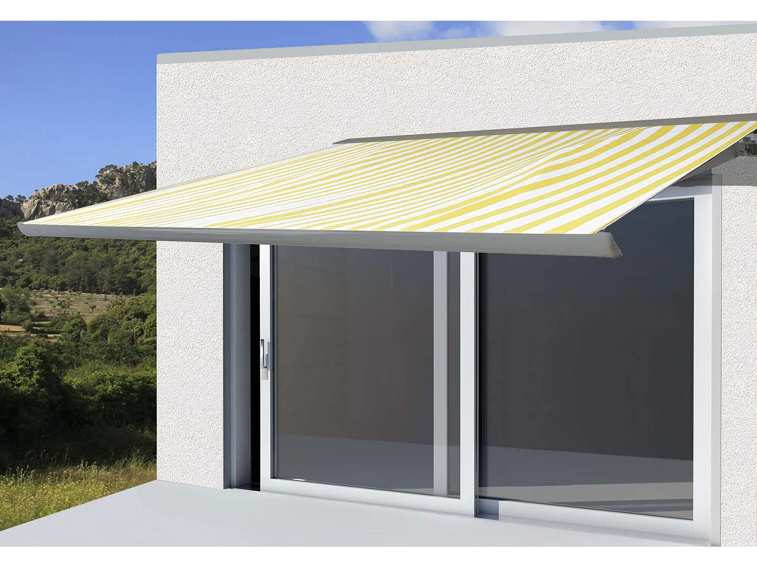 Elektrische Kassettenmarkise H122, Polyester Gelb/Weiß, Rahmen grau
