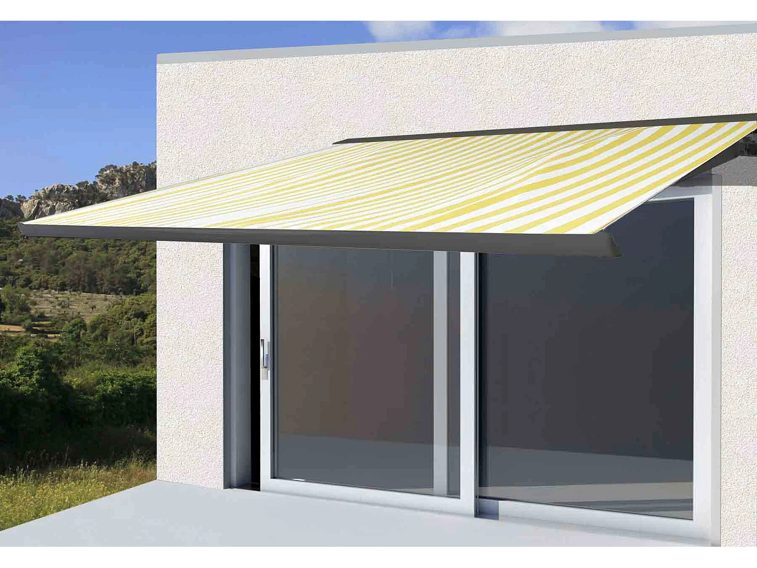 Elektrische Kassettenmarkise H122, Polyester Gelb/Weiß, Rahmen anthrazit