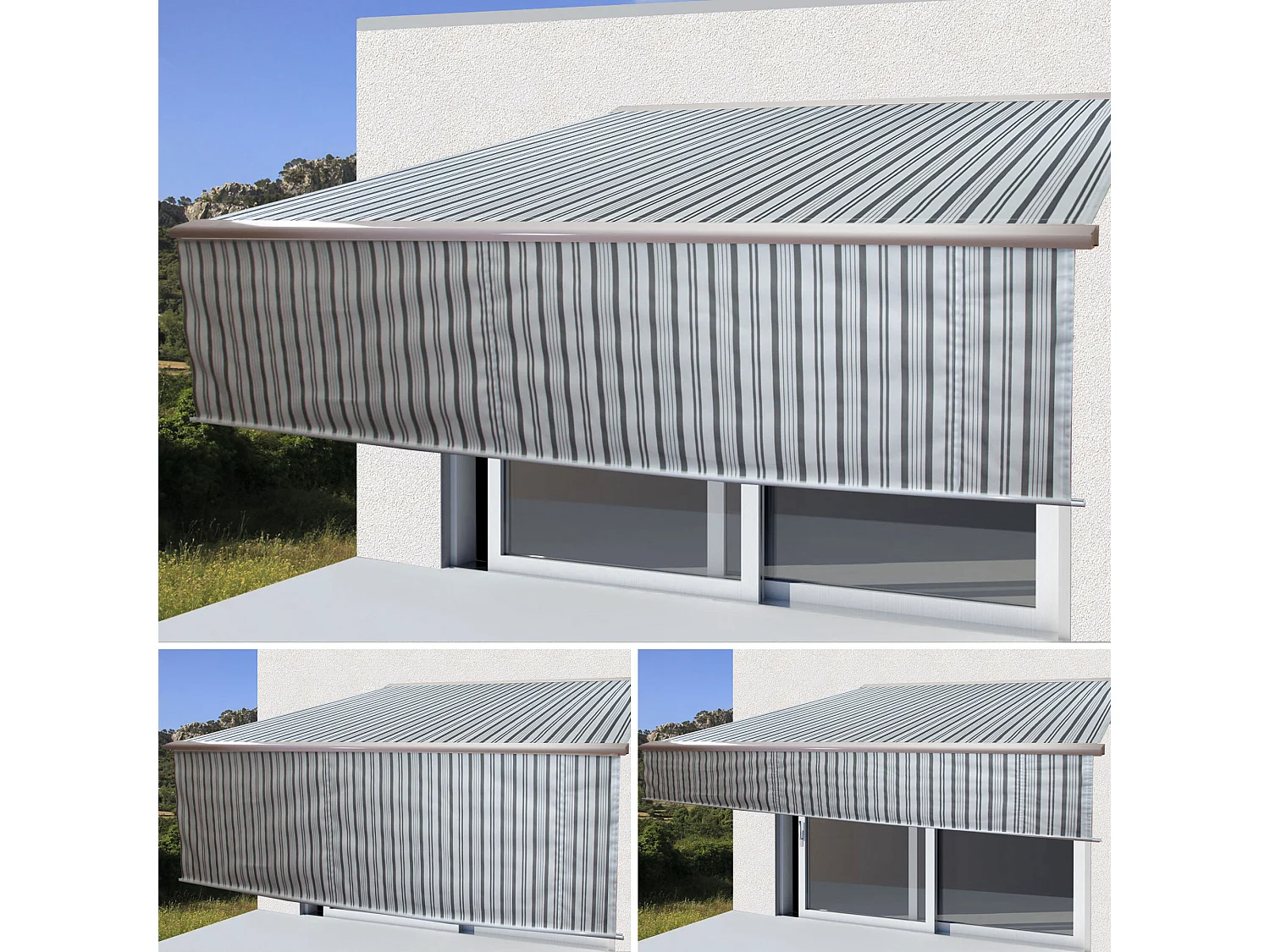 Kassetten-Markise H124 Volant ausfahrbar, Polyester Grau/Weiß