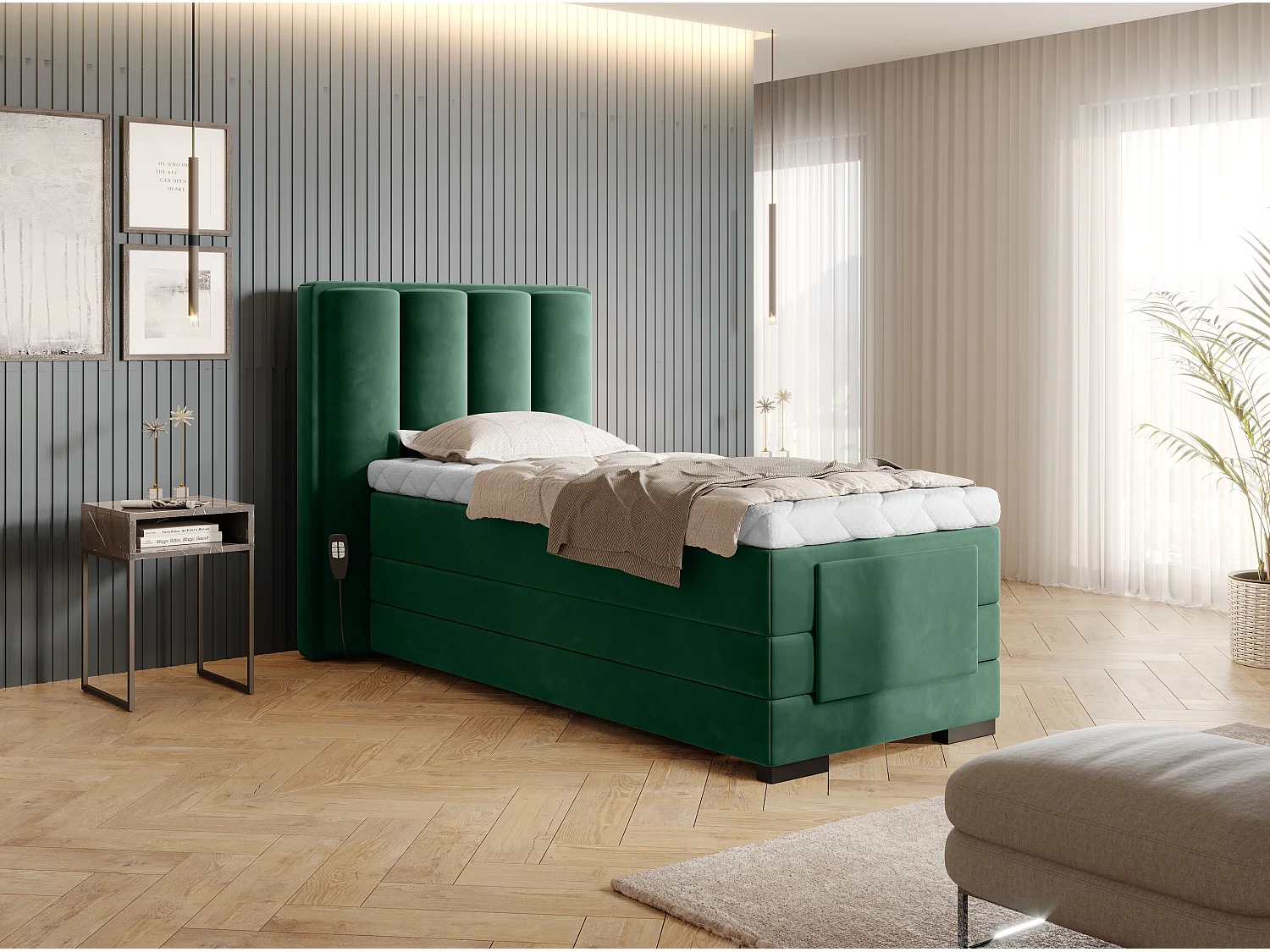 Letto Boxspring Theo ESS/Tessuto-Verde