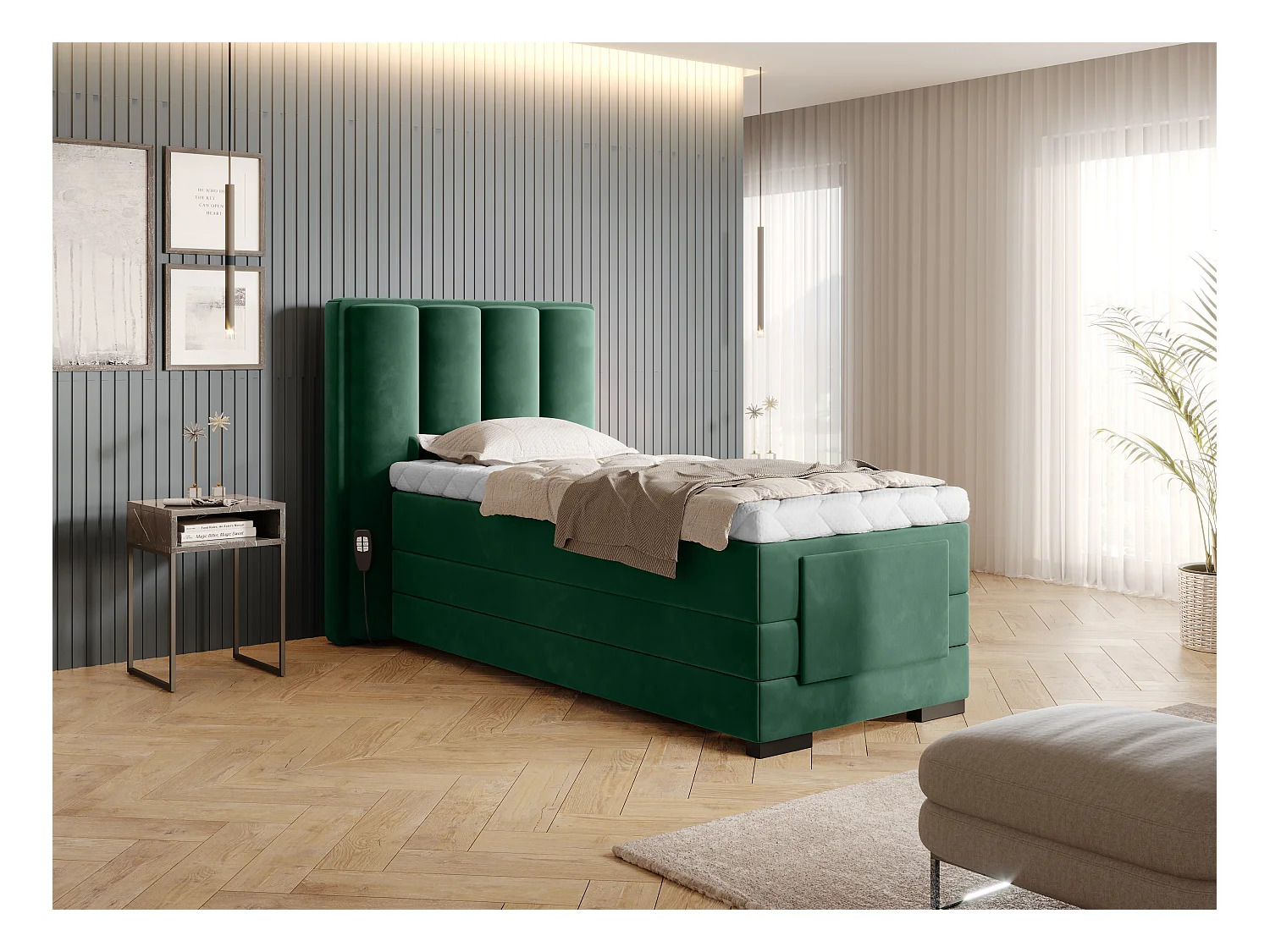 Lit Boxspring Theo ESS-90x200/Tissu-Vert