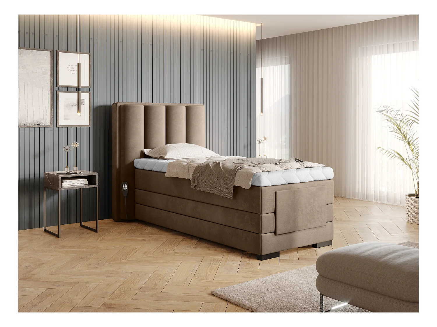Boxspringbett Theo ESS-90x200/Stoff-Braun