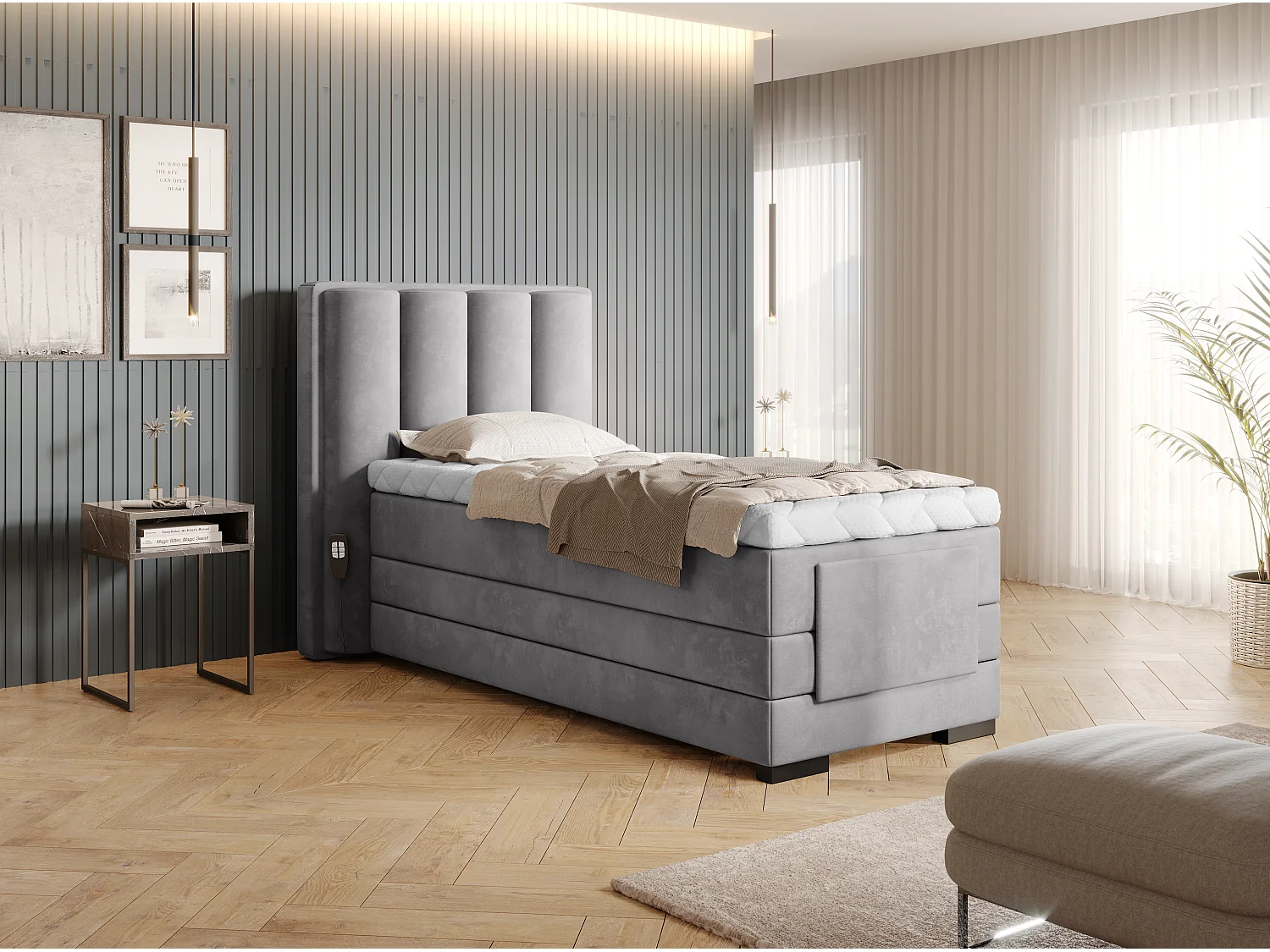 Letto  Boxspring Theo ESS-90x200/Tessuto-Grigio