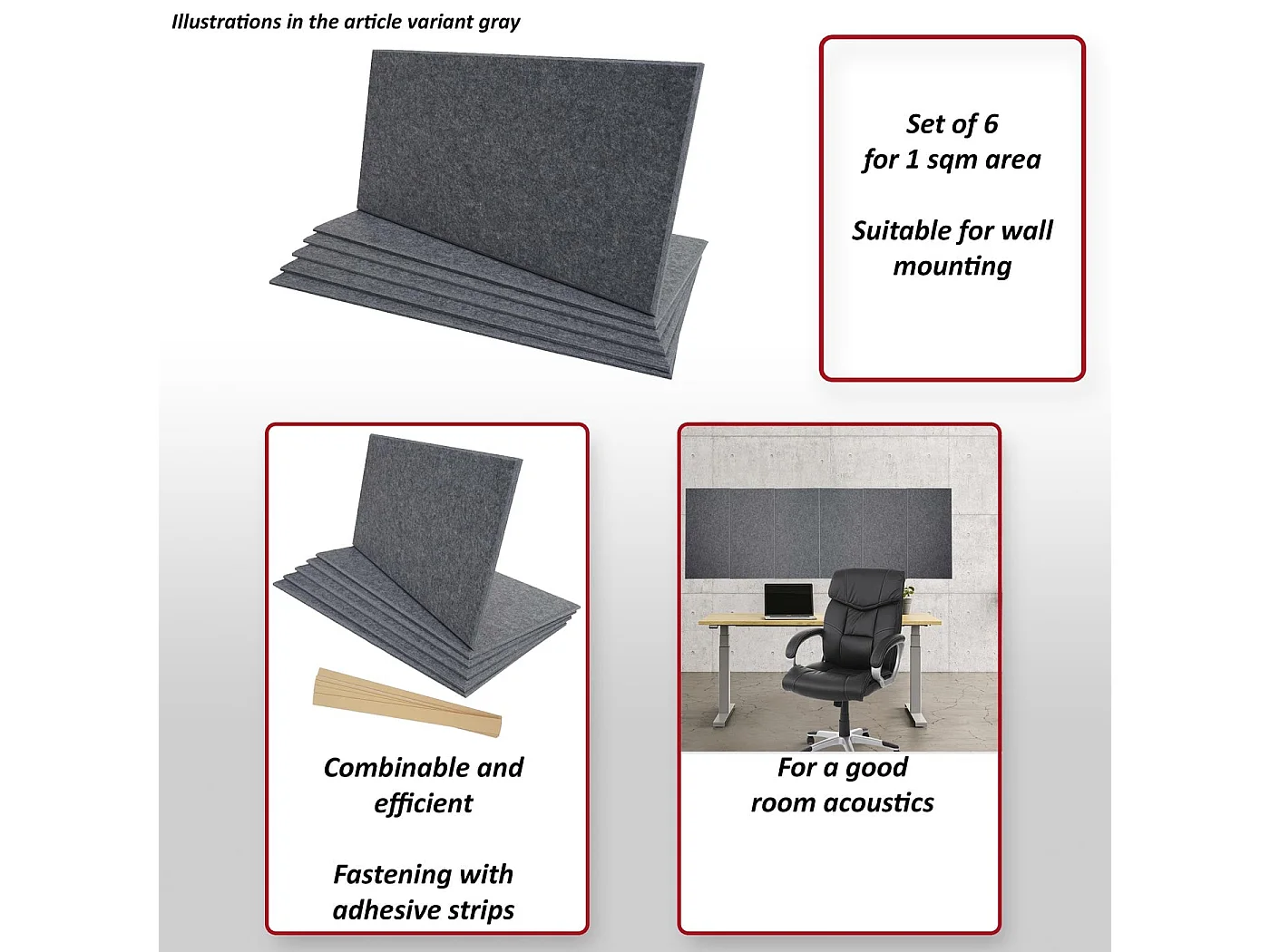 Panneau mural acoustique MCW-L52 (set de 6),  gris