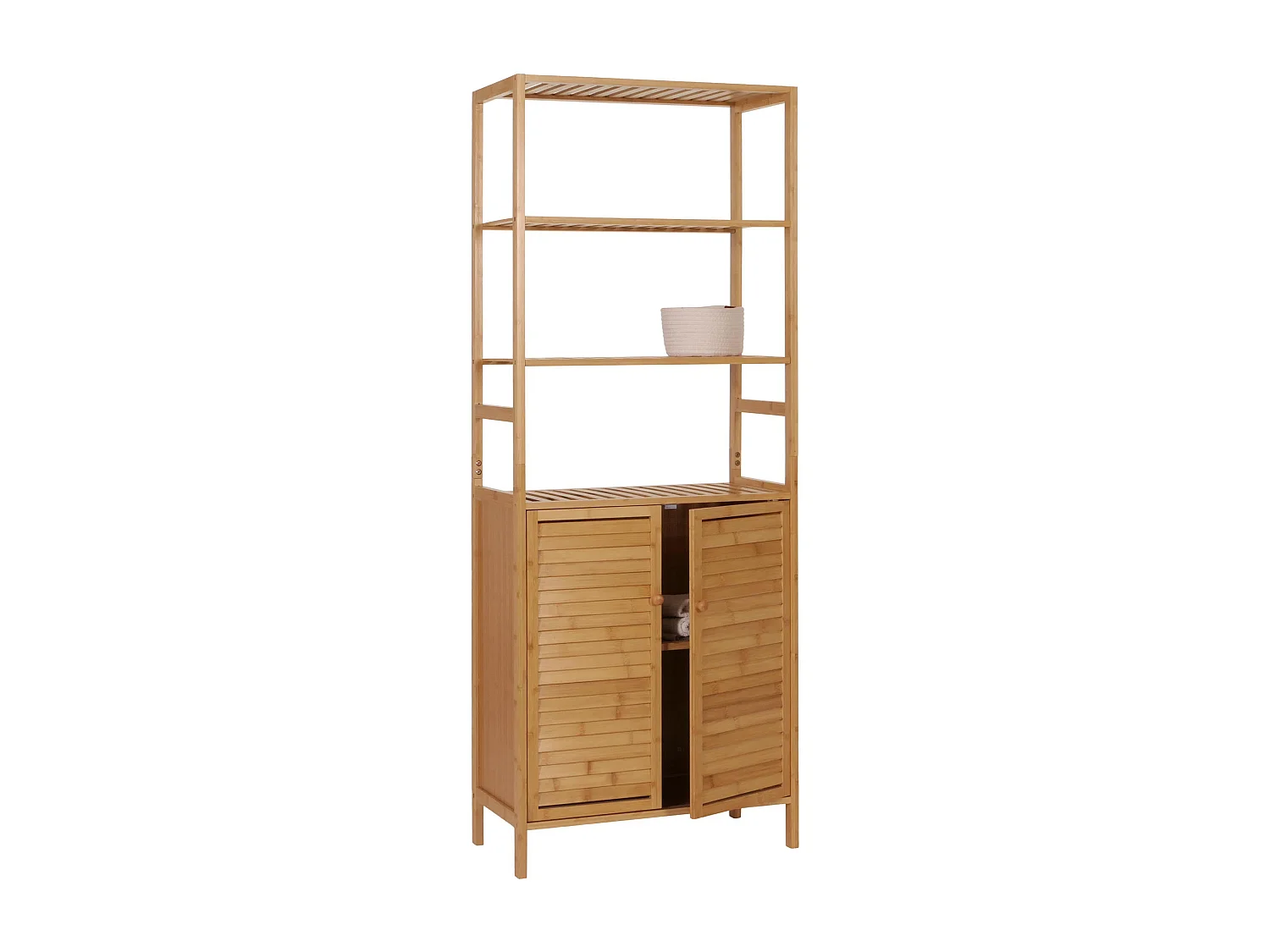 Hochschrank MCW-B18, Badschrank Badregal Schrank Regal, 2 Türen 4 Regalböden Bambus MDF FSC®-zertifiziert 168x64x33cm