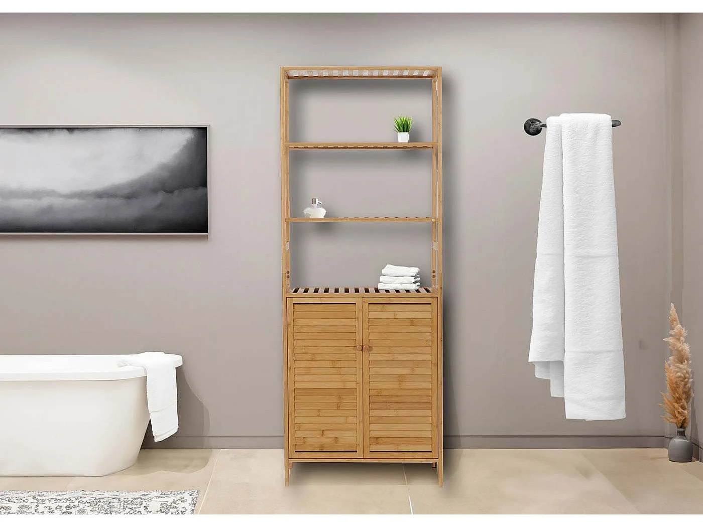 Hochschrank MCW-B18, Badschrank Badregal Schrank Regal, 2 Türen 4 Regalböden Bambus MDF FSC®-zertifiziert 168x64x33cm