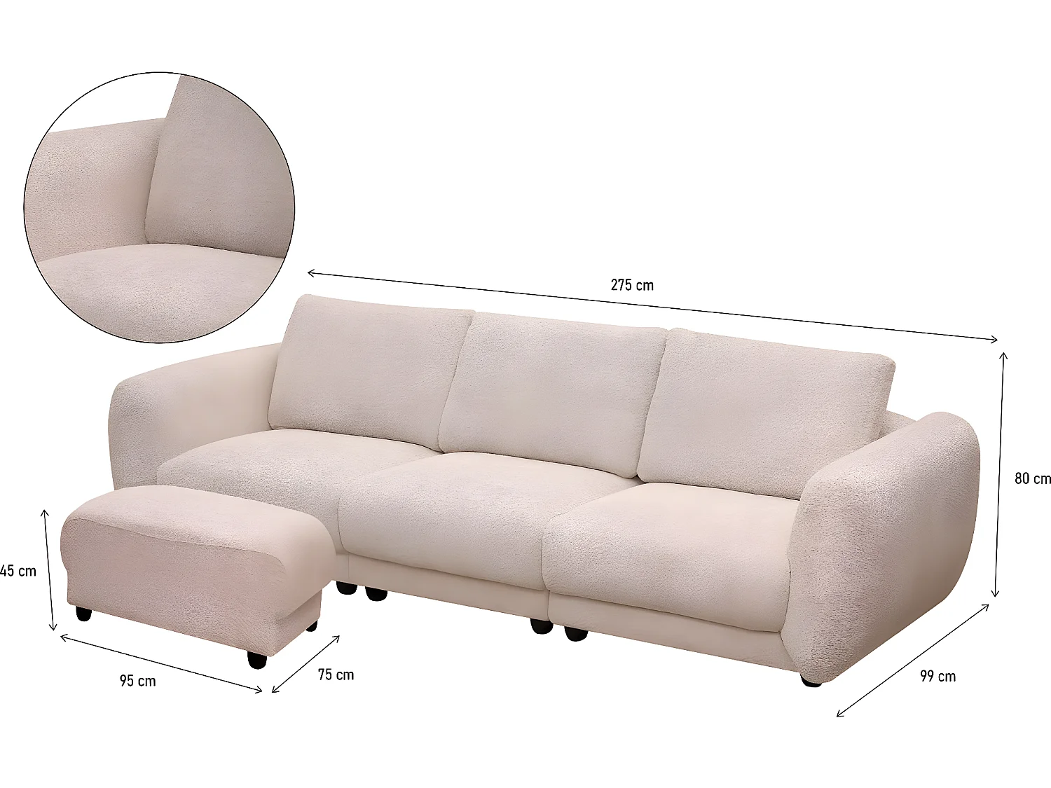 Rechte bank "Saint Germain" met 3 zitplaatsen en bijpassende ottoman in beige bouclé