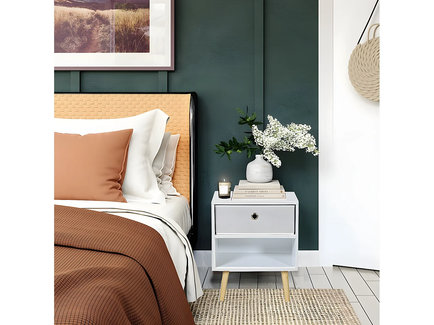Chevet + 1 tiroir tissu INDIANA / Blanc