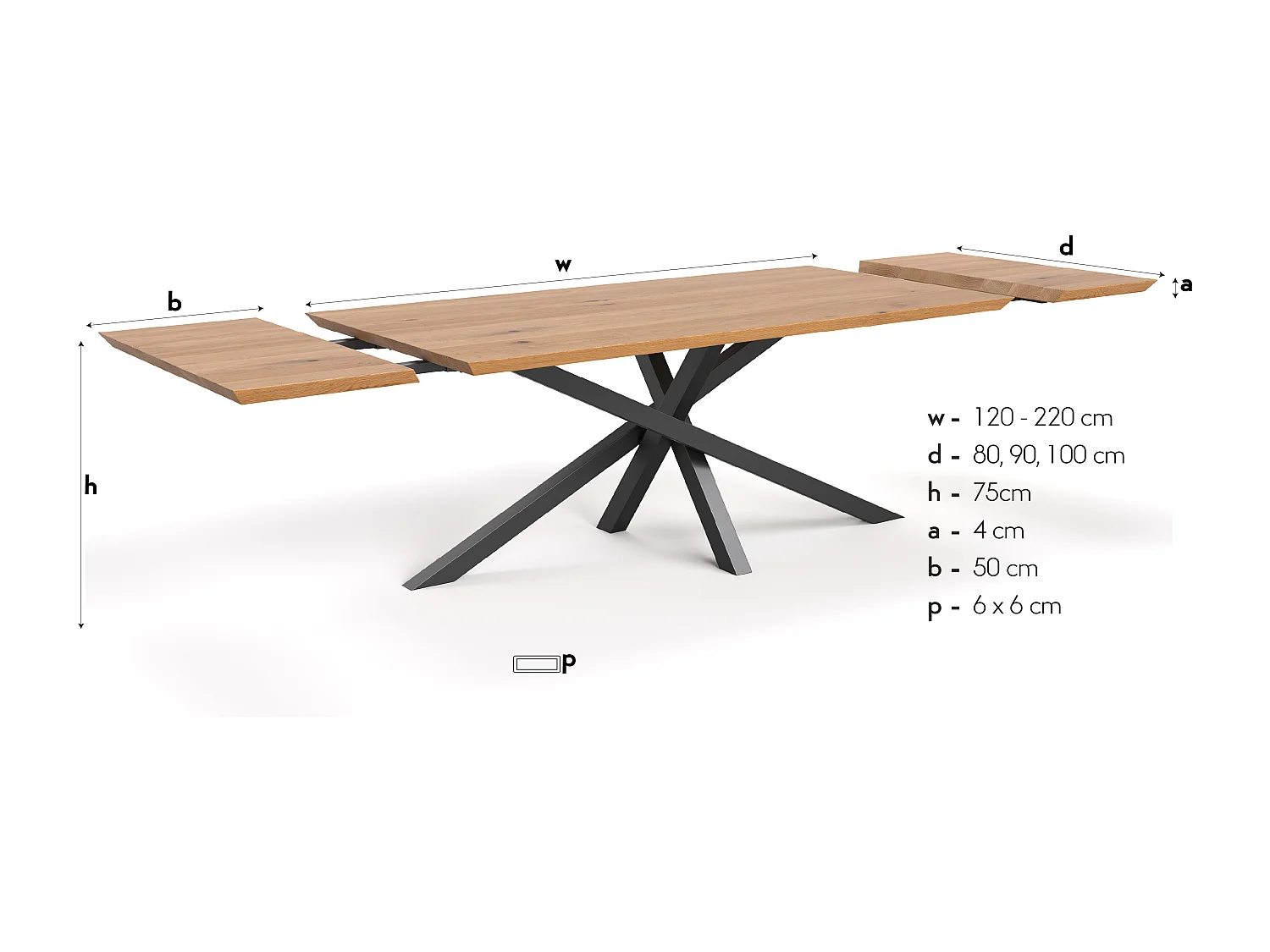 Table extensible Slant en chêne massif avec deux rallonges 50cm