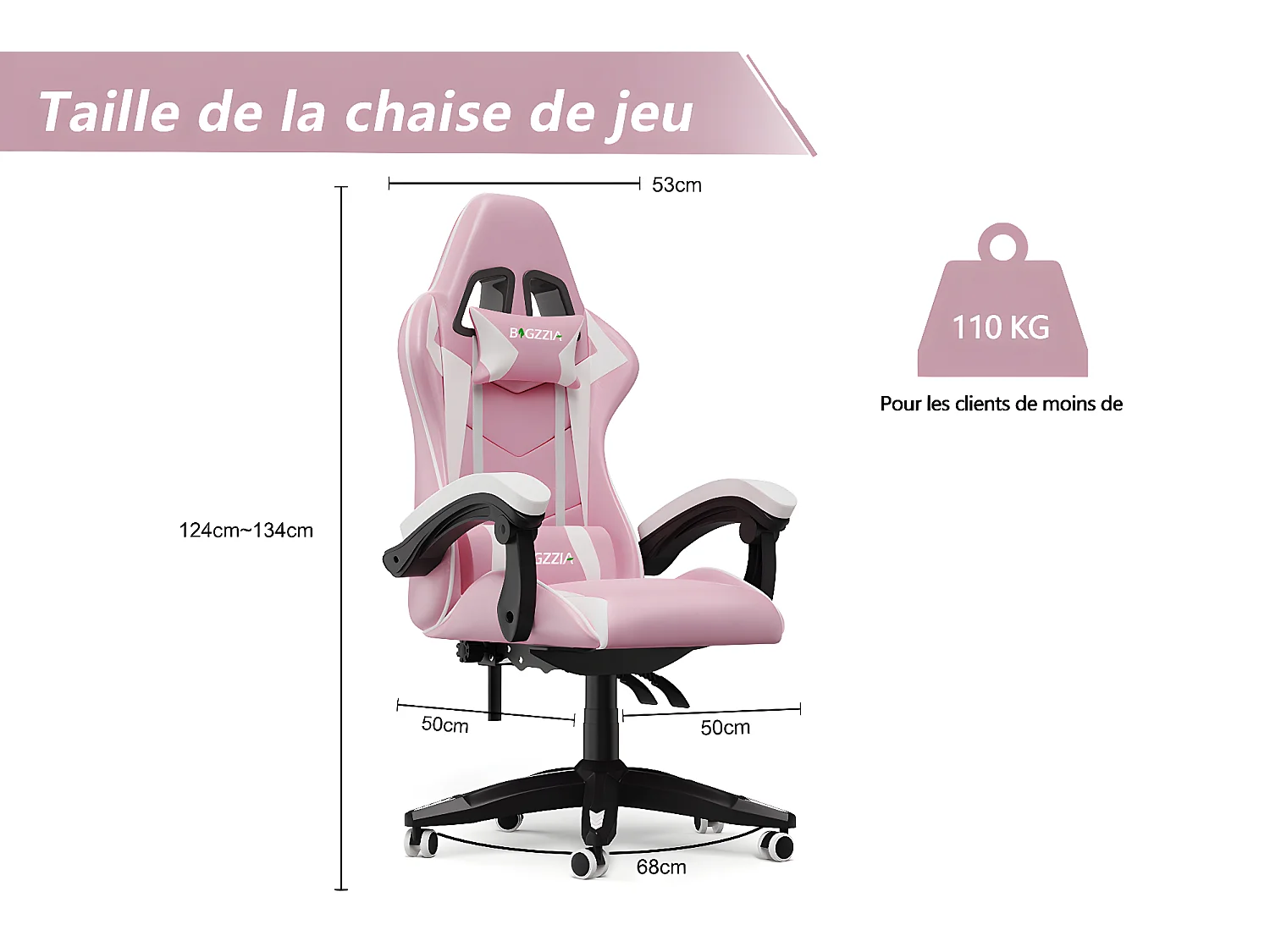 Ergonomische gamingstoel met hoofdsteun en lendensteun-roze