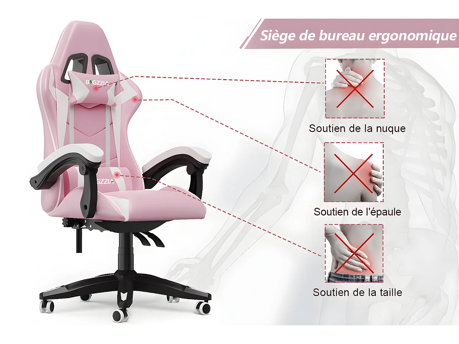 Silla Gaming Ergonómica con Reposacabezas y Soporte Lumbar-Rosa