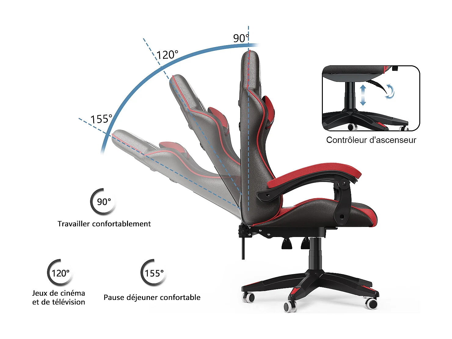 Chaise de jeu ergonomique avec appui-tête et support lombaire