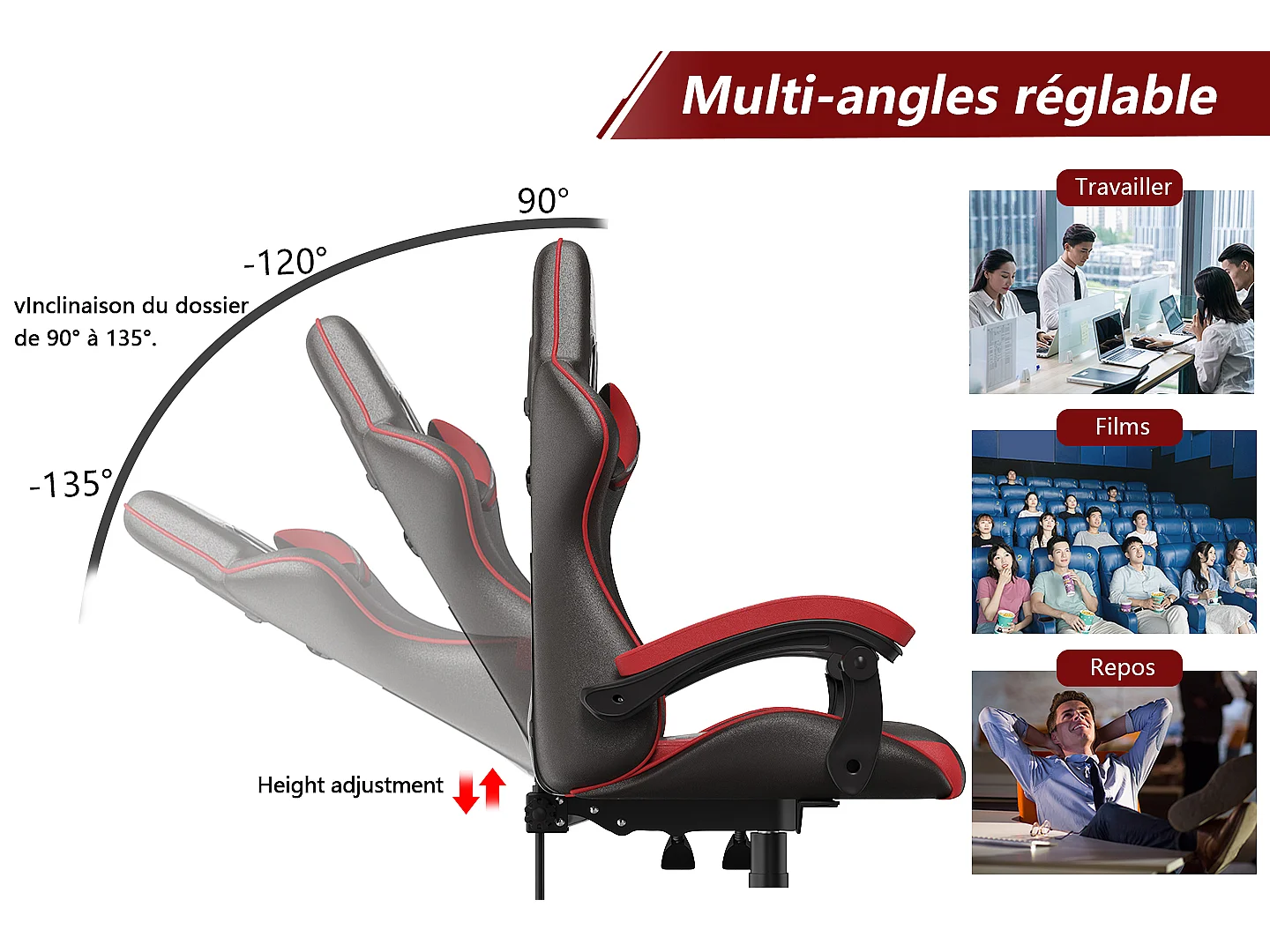 Chaise de jeu ergonomique avec appui-tête et support lombaire