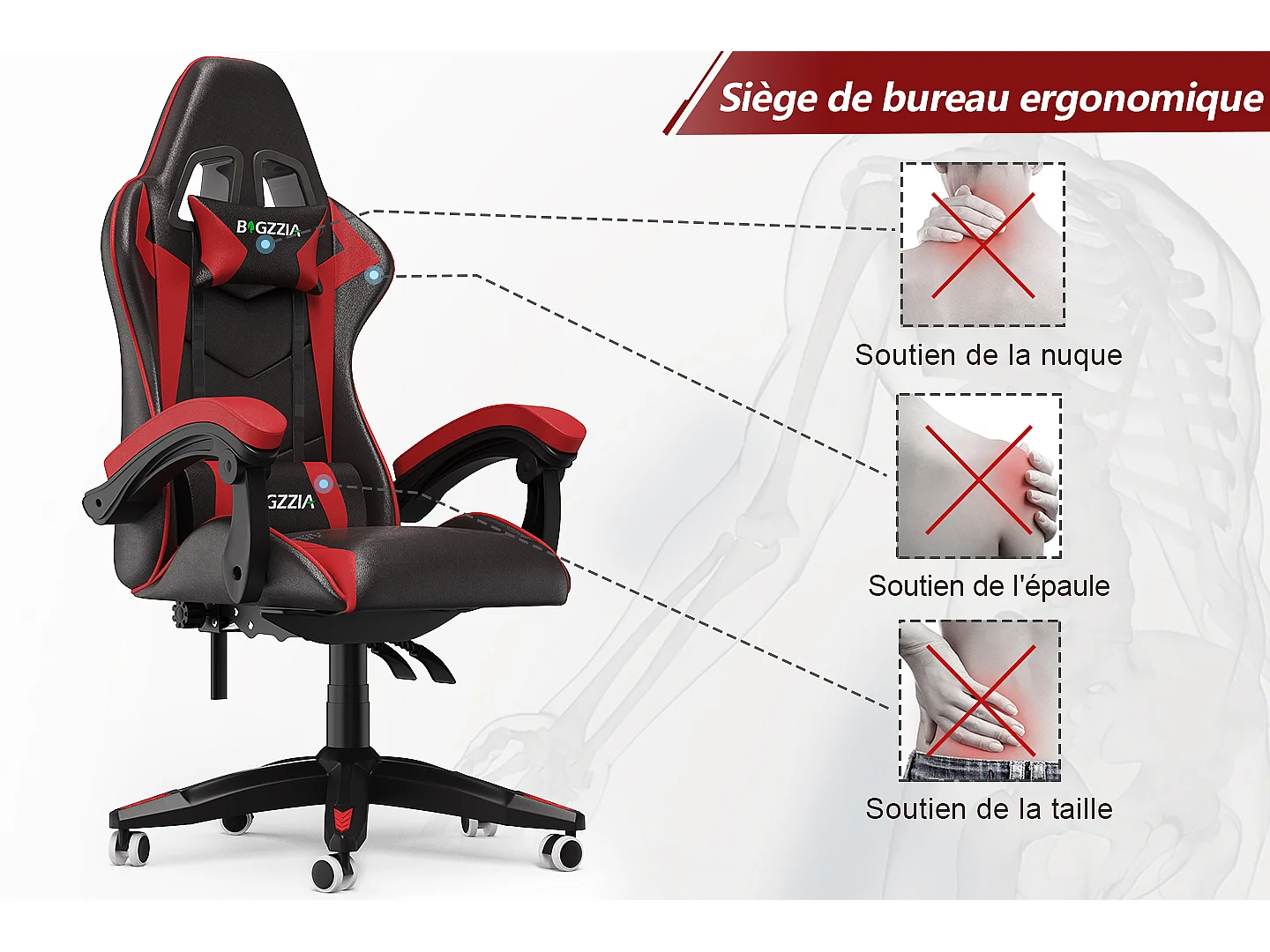 Chaise de jeu ergonomique avec appui-tête et support lombaire