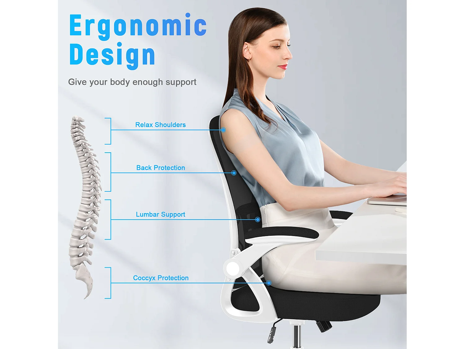 Ergonomische bureaustoel met lendensteun, verstelbare armleuningen, draaistoel met ademende rugleuning voor kantoor