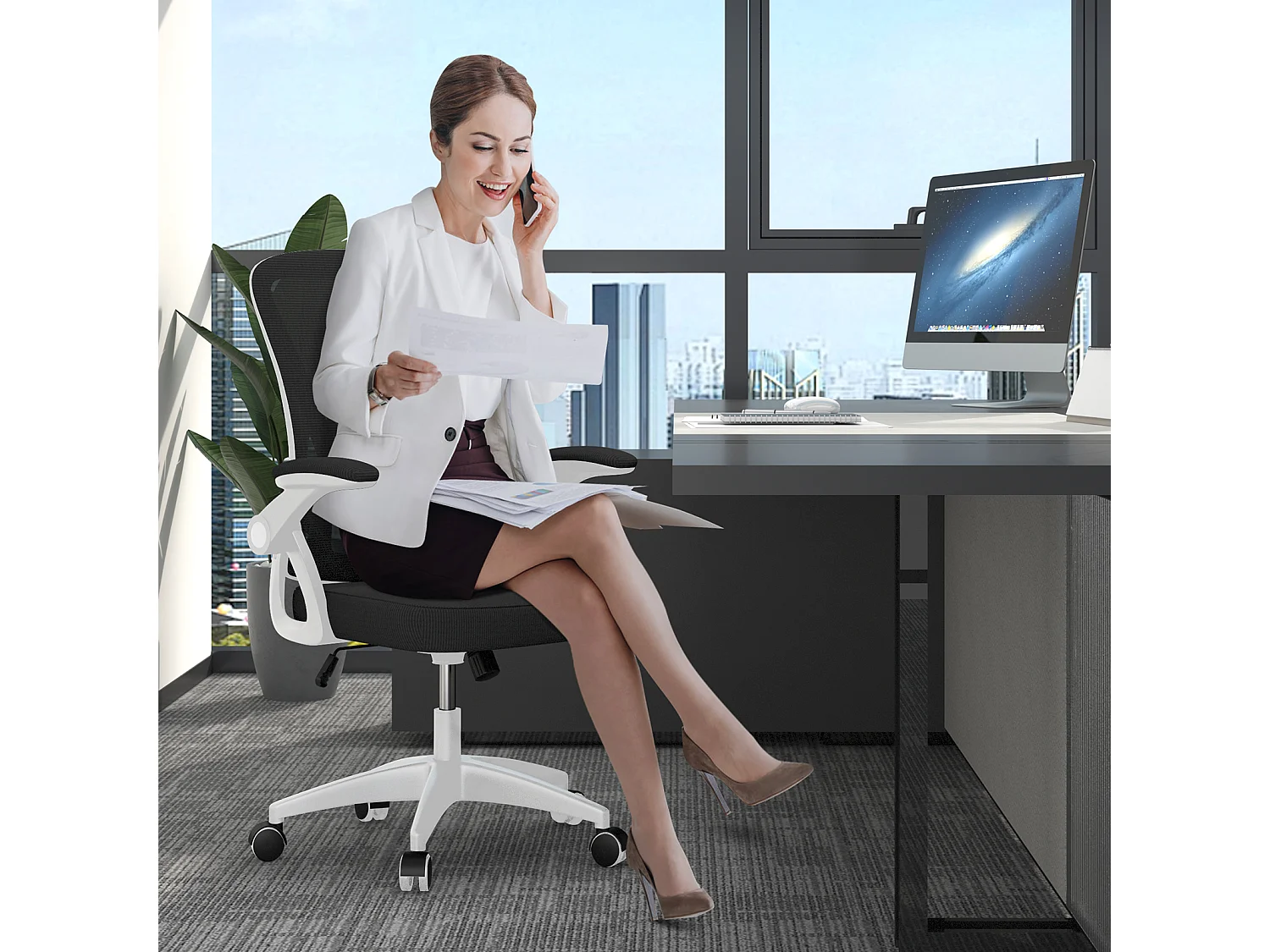 Cadeira de secretária ergonómica com apoio lombar, apoios de braços ajustáveis, cadeira giratória com encosto respirável para escritório