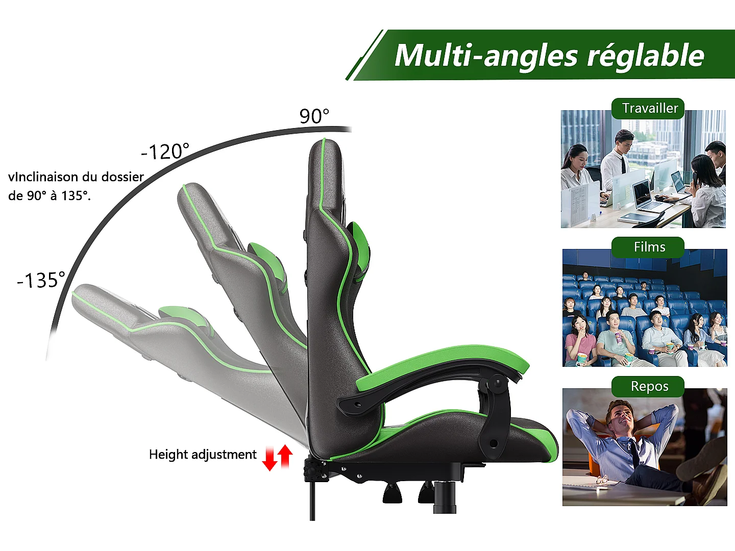 Cadeira gamer ergonômica com apoio de cabeça e apoio lombar-Gree