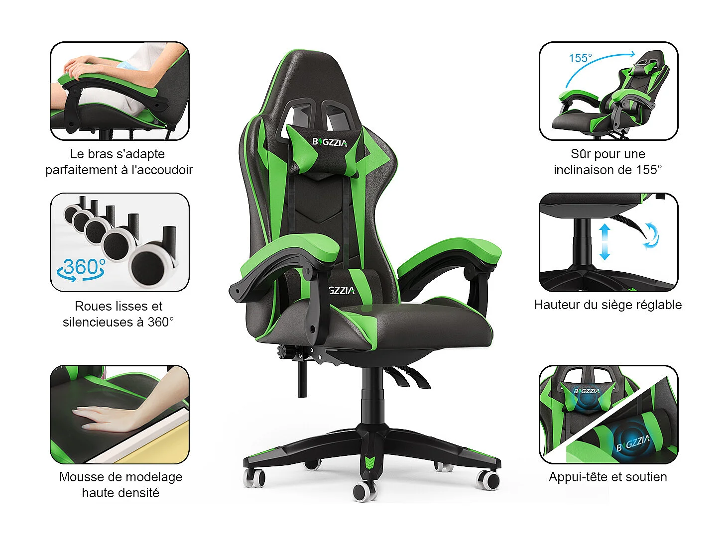Cadeira gamer ergonômica com apoio de cabeça e apoio lombar-Gree