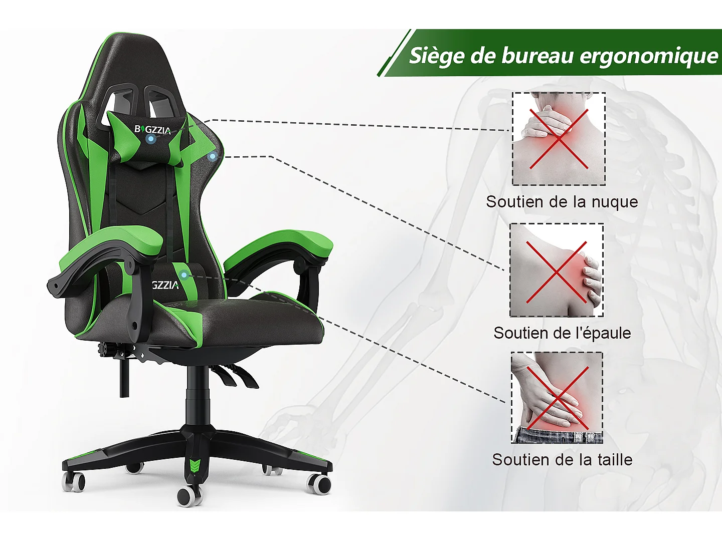 Cadeira gamer ergonômica com apoio de cabeça e apoio lombar-Gree