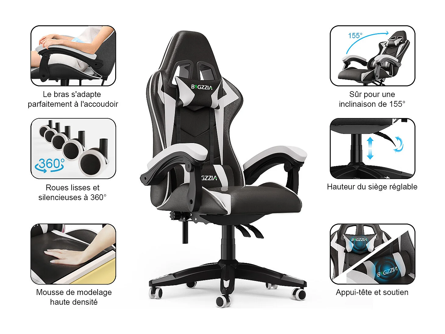 Chaise de jeu ergonomique avec appui-tête et support lombaire
