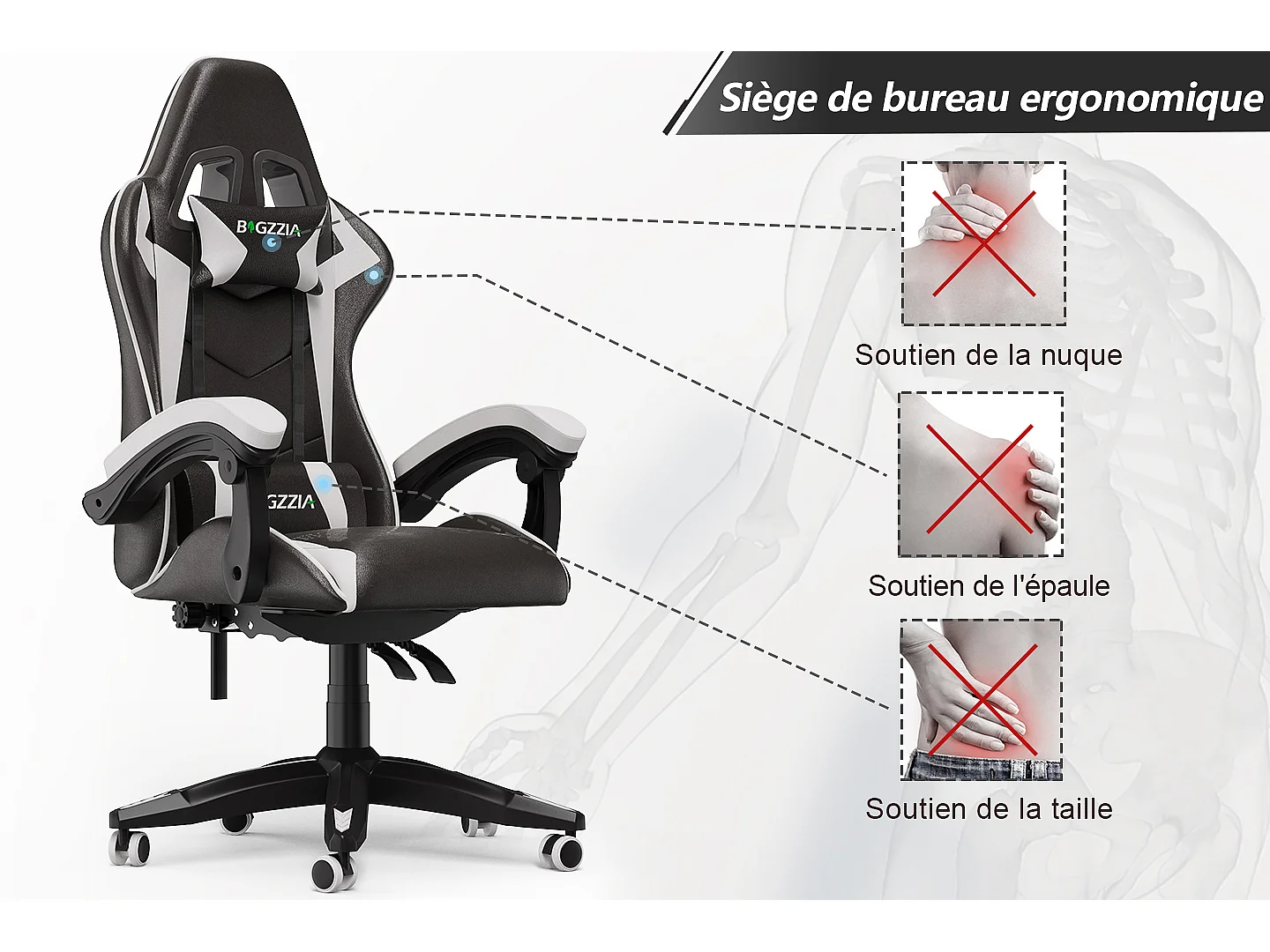 Chaise de jeu ergonomique avec appui-tête et support lombaire