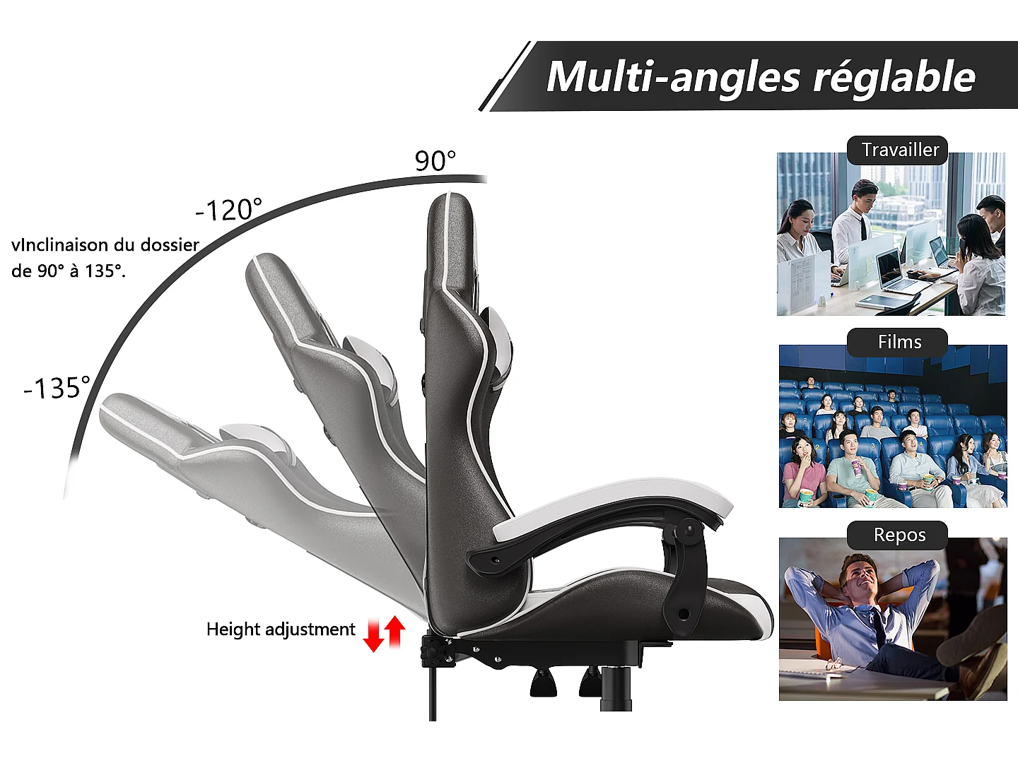 Chaise de jeu ergonomique avec appui-tête et support lombaire