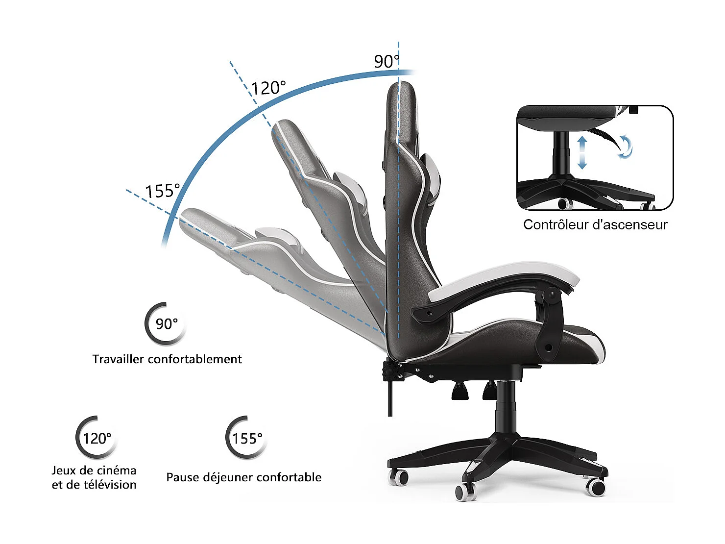 Cadeira Gaming Ergonómica com Apoio de Cabeça e Apoio Lombar - Branca