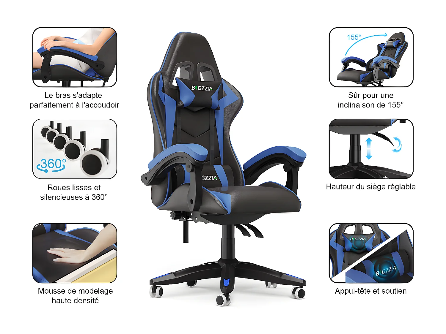Ergonomischer Gaming-Stuhl mit Kopfstütze und Lordosenstütze – blau