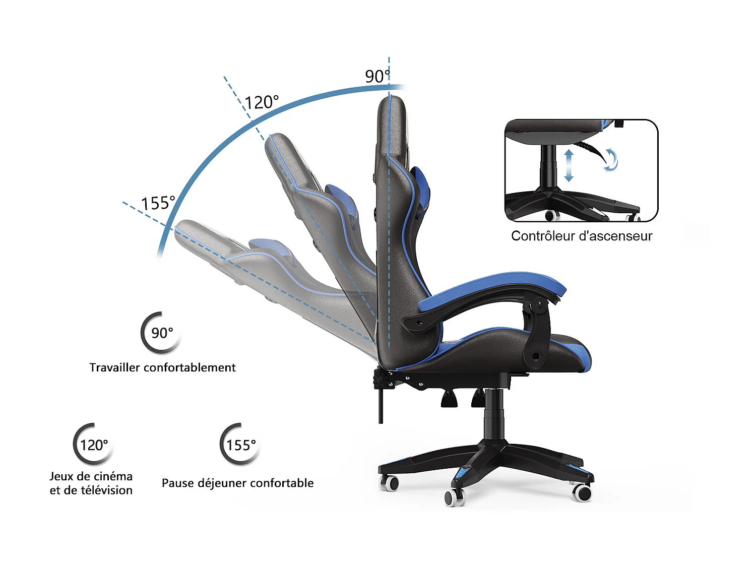 Ergonomischer Gaming-Stuhl mit Kopfstütze und Lordosenstütze – blau