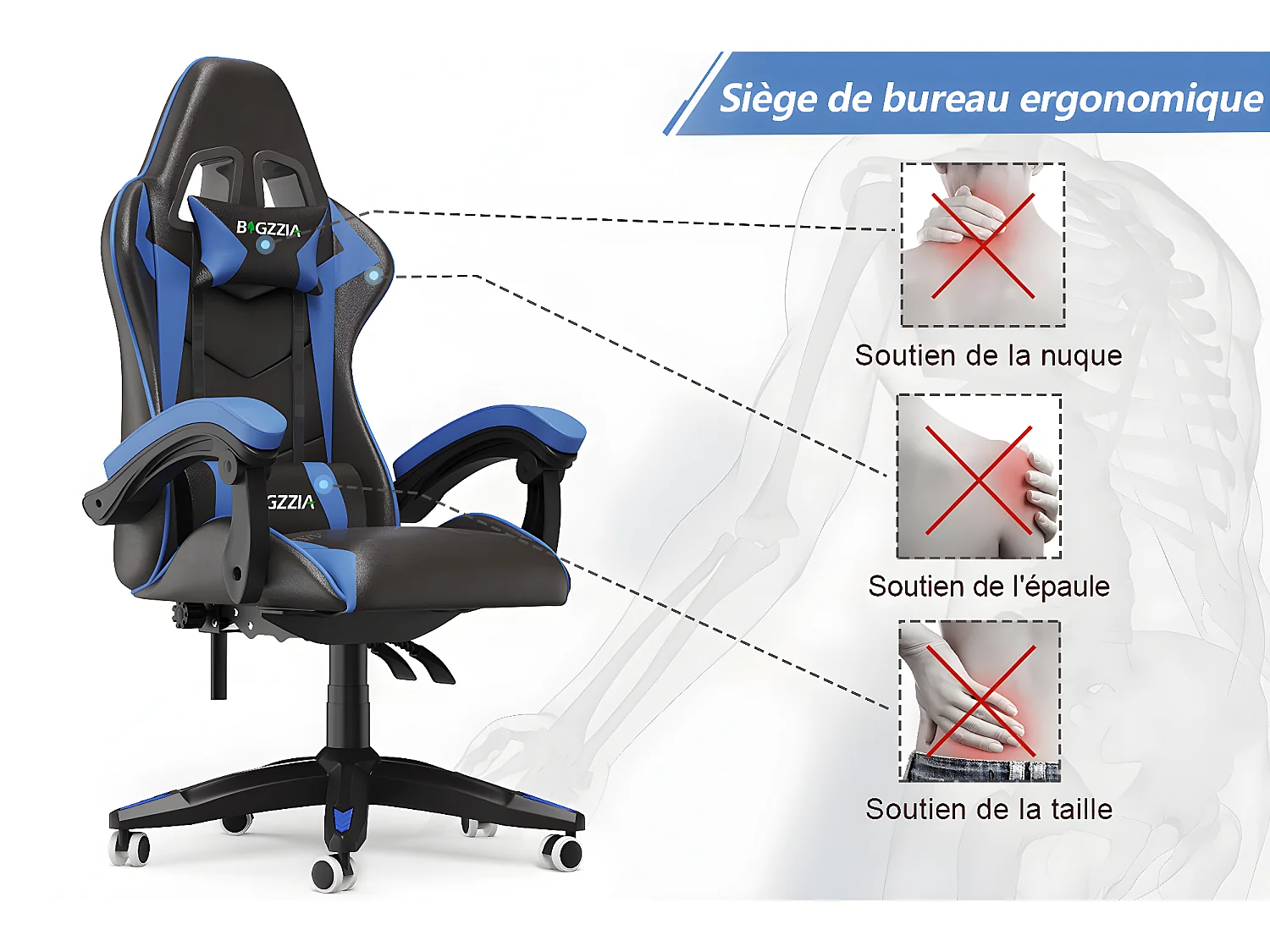 Ergonomischer Gaming-Stuhl mit Kopfstütze und Lordosenstütze – blau
