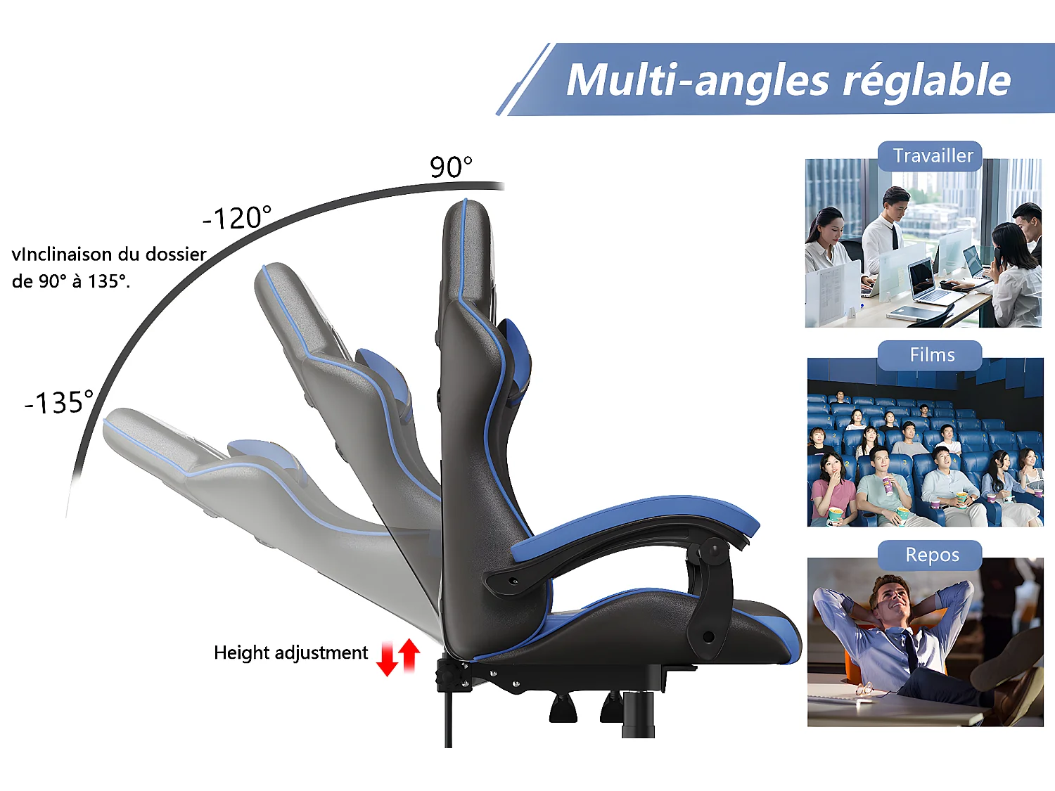 Ergonomischer Gaming-Stuhl mit Kopfstütze und Lordosenstütze – blau