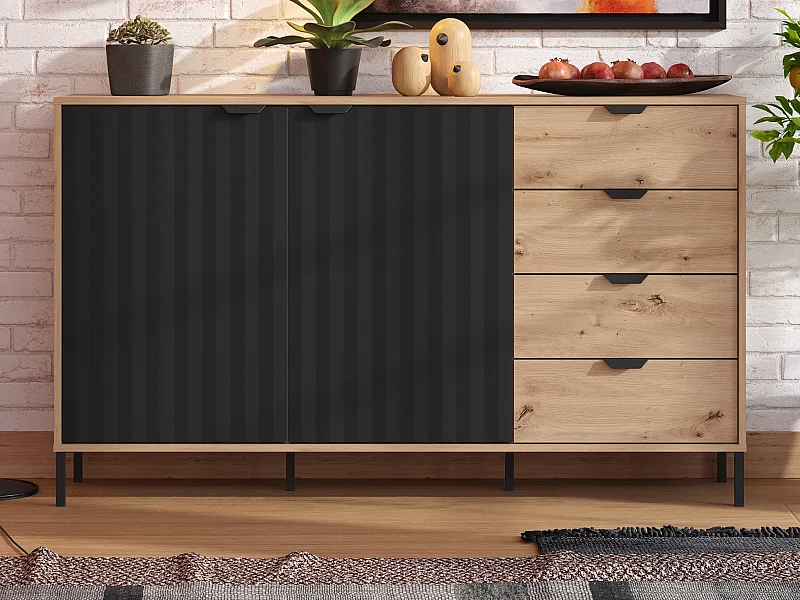 Sideboard mit 2 Türen & 4 Schubladen - Holzfarben & Schwarz - MEVIELA
