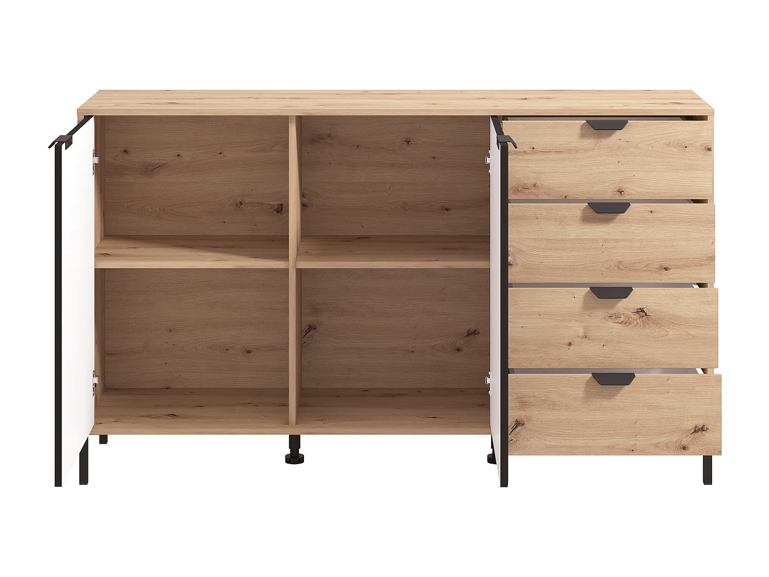 Sideboard mit 2 Türen & 4 Schubladen - Holzfarben & Schwarz - MEVIELA
